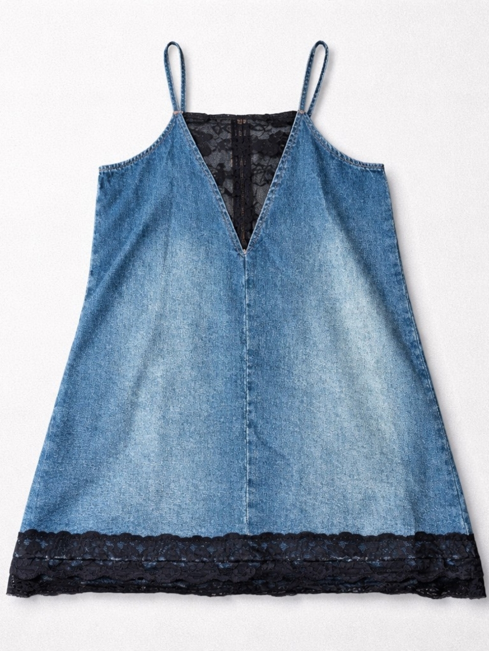Denim Slip Dress with Black Lace Trim